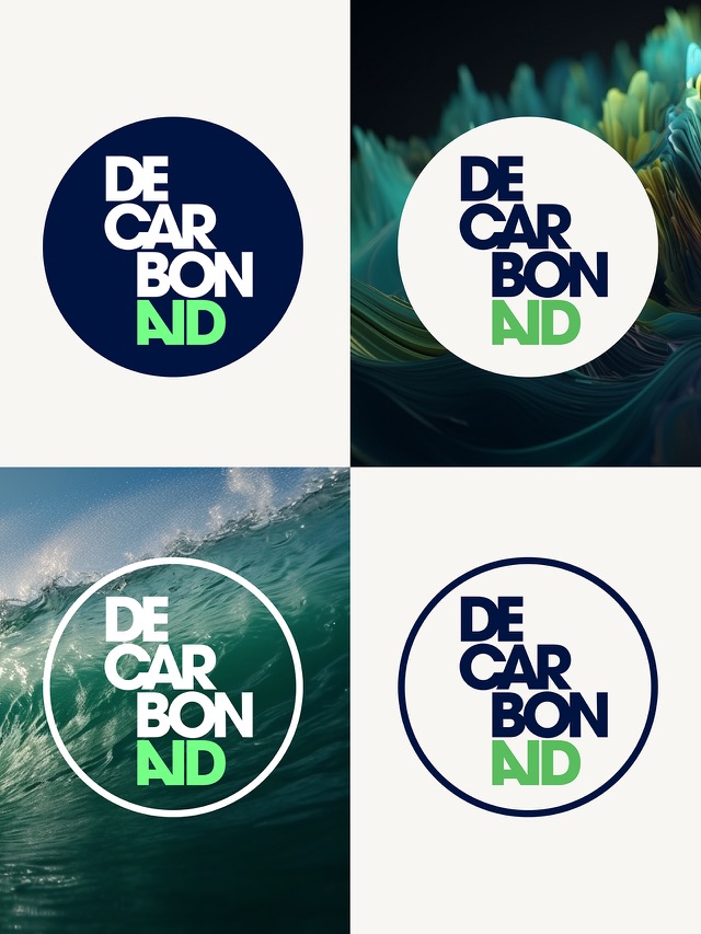Decarbonaid logo system across colour backgrounds — navy, white, ocean, and abstract